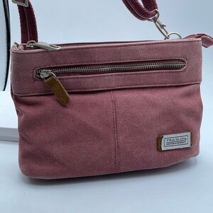 Travelon grey cavas Heritage collection crossbody RFID bag.